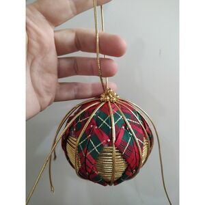 Handmade Christmas Ornament Quilted Round Patchwork Red Green Gold Plaid A5